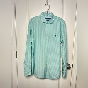 Polo Ralph Lauren Slim Fit Stretch Oxford Shirt Sz L Blue Green White Striped